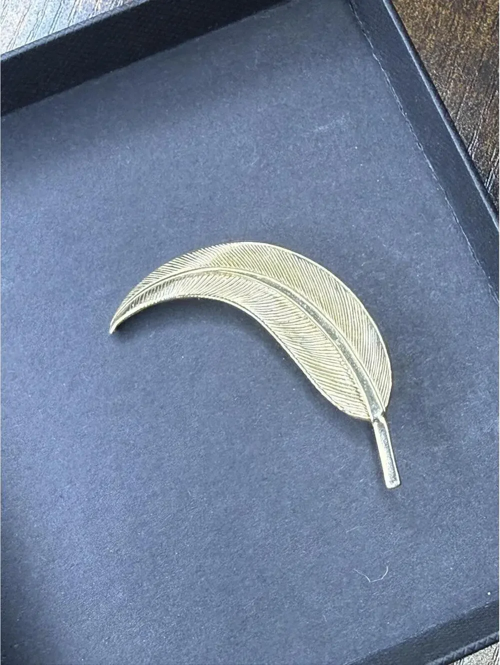 Vintage Gold Tone Feather Brooch 2" Etched Quill Signed Pin
